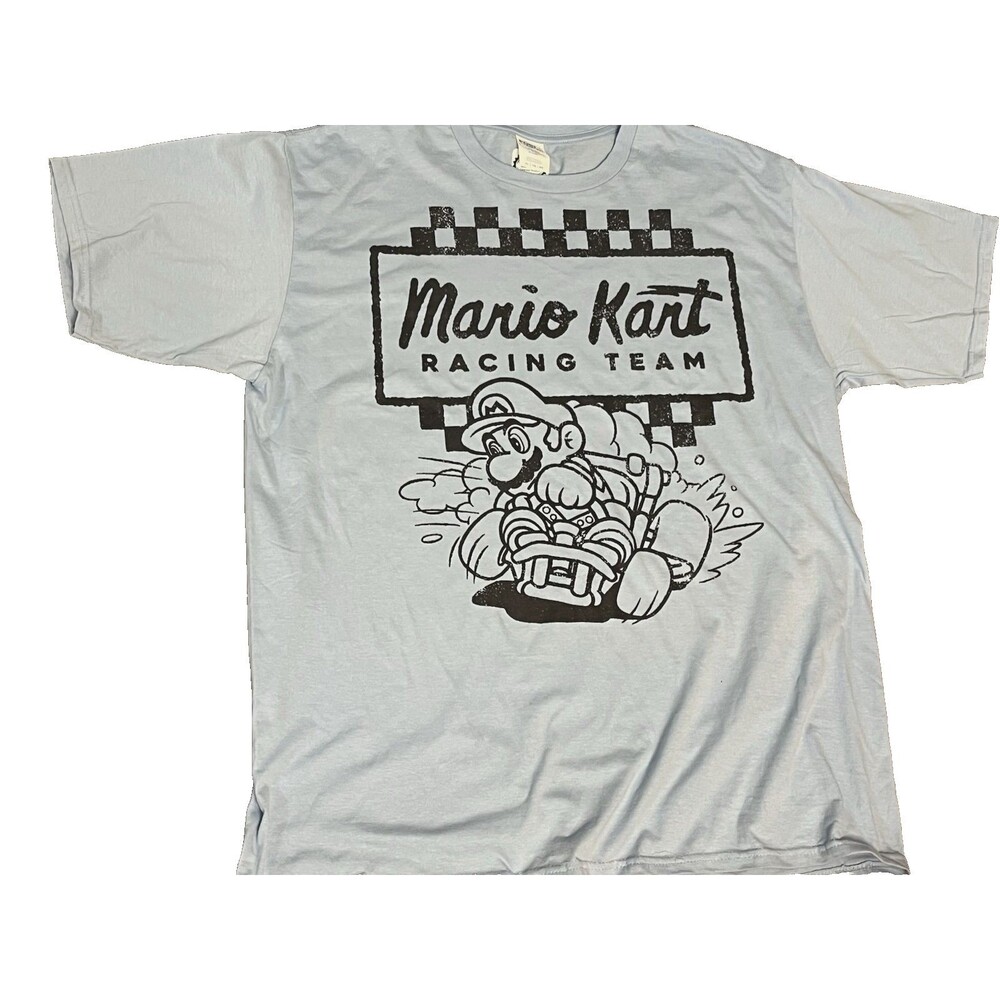 MARIO KART RACING TEAM T SHIRT OFFICIAL TEE Men’s XL Light Blue Tee Mario Bros